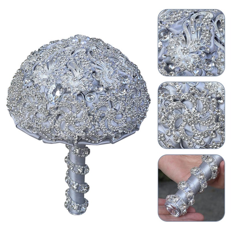 DOTKV Elegant Silver Grey Wedding Bouquets for Bride - Crystal Rhinestone & Pearl Decorated Round Bridal Bouquets, Sparkling Handheld Flower Arrangement for Wedding Ceremony (Silver+Gray) - Image 2